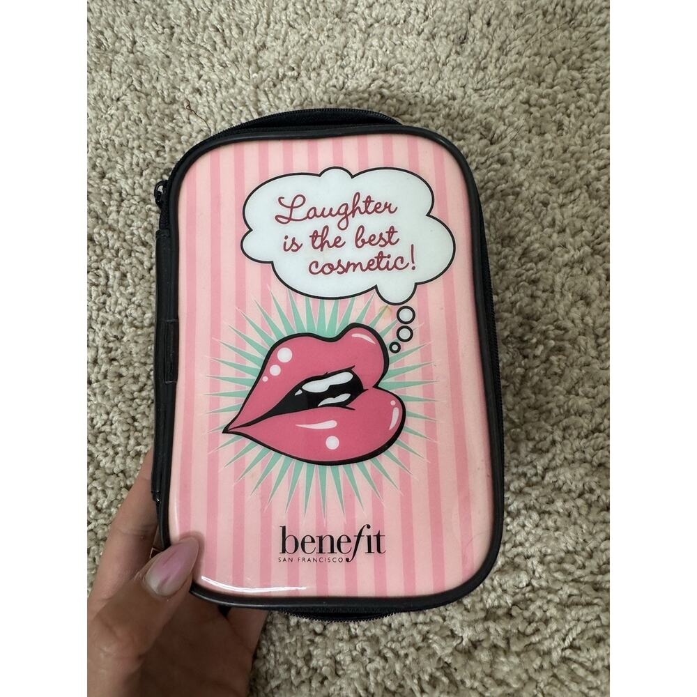 Benefit Pink Black Makeup Bag with Zipper, Fabric Plastic Cosmetic Case